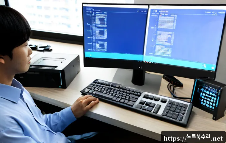 양천구 UNEXPECTED_KERNEL_MODE_TRAP - Photorealistic remote IT support workstation in a modern Yangcheon-gu apartment office, dual monitor...