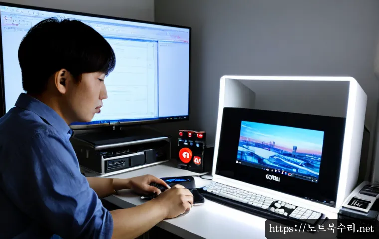 성현동 STATUS_DISK_WRITE_FAILURE - Photorealistic IT support workstation in a compact hillside Seoul apartment office, ultrawide monito...