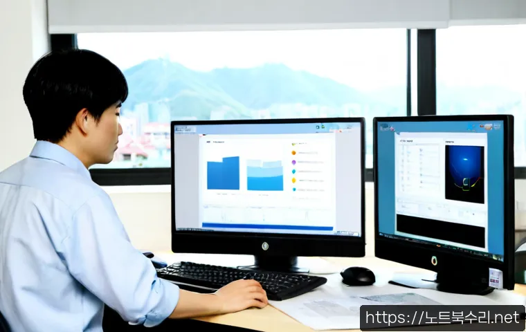 도촌동 STATUS_INVALID_DISPOSITION - Photorealistic remote-support workstation in a quiet suburban Korean apartment, dual monitors displa...