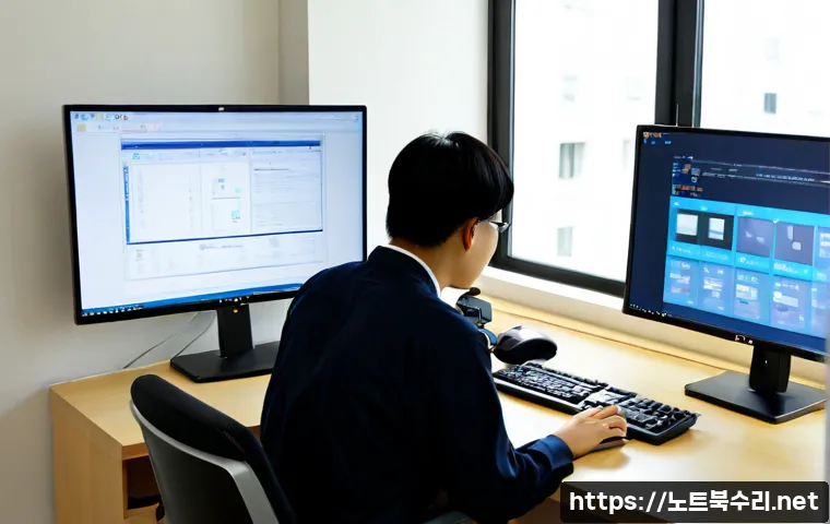 수석동 STATUS_INVALID_DISPOSITION - Photorealistic IT support workstation in a quiet Suseok-dong apartment office, dual blank monitors s...