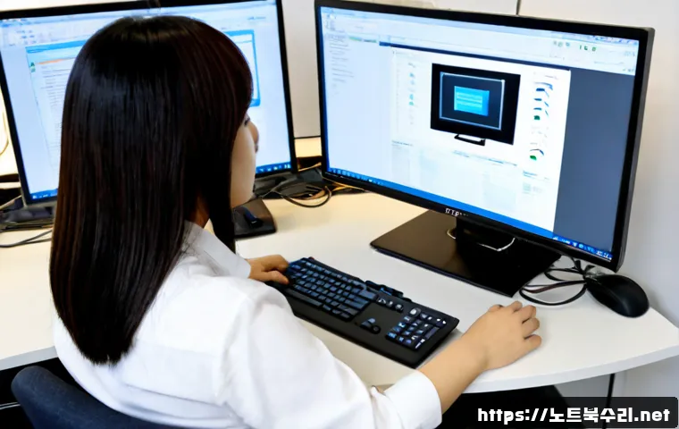 쌍림동 STATUS_FILE_NOT_FOUND - Photorealistic IT support workstation in a compact Ssangnim-dong office, dual monitors showing a cle...