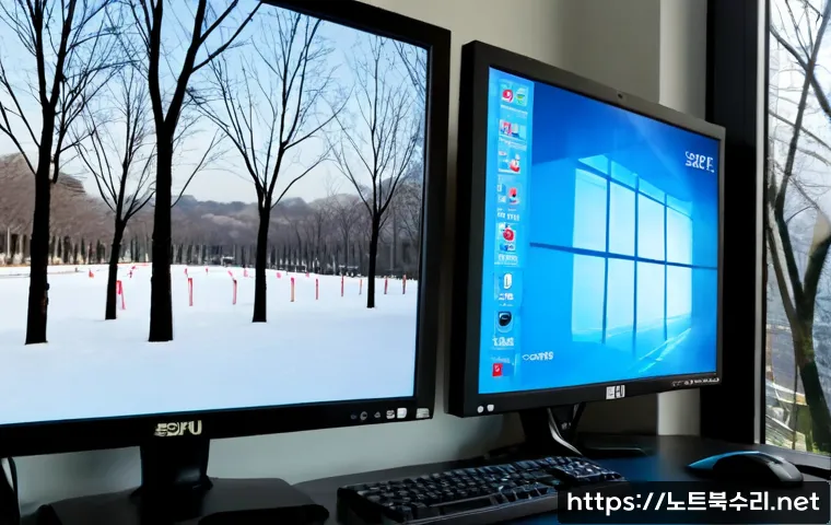 오륜동 WIN32K_LOCK_HELD_TOO_LONG - Photorealistic IT support workstation in Oryun-dong, Seoul, dual monitors showing a frozen abstract ...