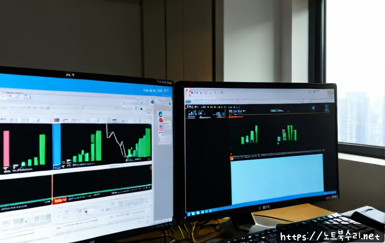 천호동 STATUS_FILE_CORRUPTION - Photorealistic IT support workstation in a compact Cheonho-dong office, dual monitors showing a corr...