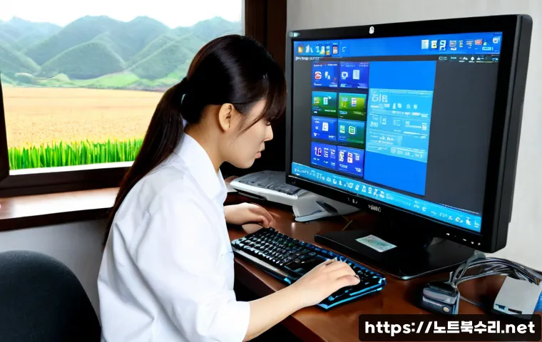 일죽면 CDFS_FILE_SYSTEM - Photorealistic IT support workstation in a quiet rural Korean office, technician examining a desktop...