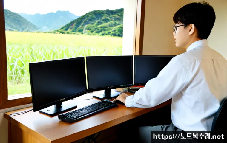 개군면 케이블연결확인 - Photorealistic remote support workstation in a quiet rural Korean home office, technician inspecting...