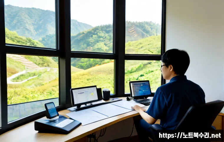 평창동 STATUS_FILE_READ_FAILURE - Photorealistic remote-support workstation in a quiet hillside home office, an anxious technician stu...