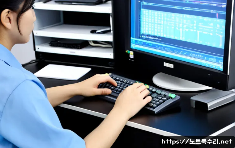 수동면 BUGCODE_USB_DRIVER - Photorealistic IT support workstation, technician reconnecting a USB cable to a compact desktop comp...