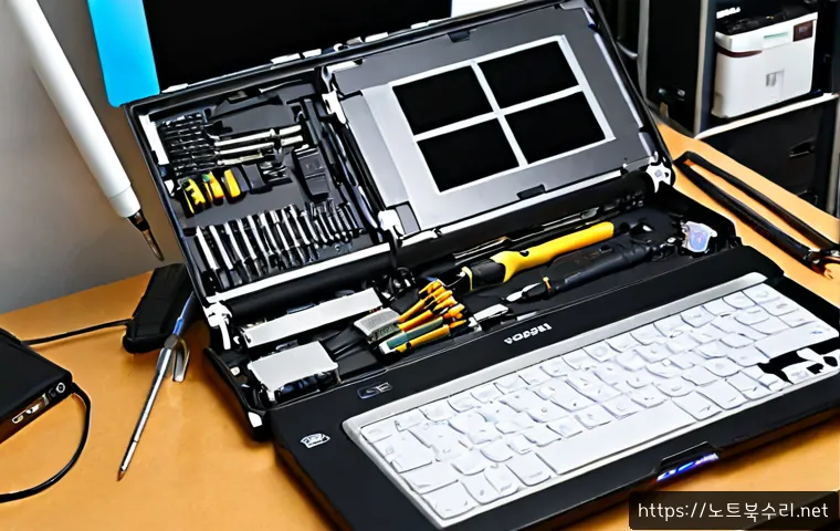 향동동 맥북에어 판매 및 수리 - Photorealistic electronics repair workstation in Hyangdong-dong, a slim silver ultrabook opened for ...