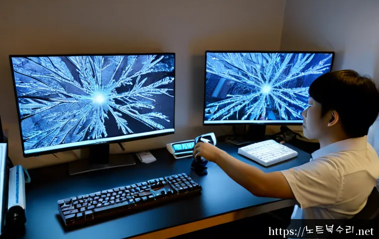 도림동 STATUS_KERNEL_CONNECTION_TIMEOUT - Photorealistic IT support workstation in a compact Dorim-dong apartment office, dual monitors showin...