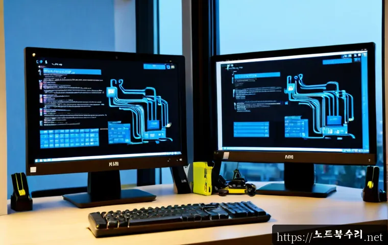 미아동 IRQL_NOT_LESS_OR_EQUAL - Photorealistic IT support workstation in a compact Mia-dong apartment office, dual monitors with a b...