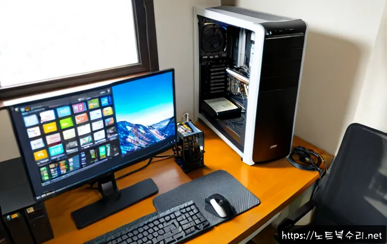 선주지동 그래픽카드조립 및 교체수리 - Photorealistic PC repair workstation in a compact Seonjuji-dong apartment office, technician careful...