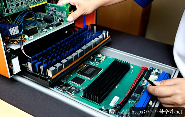 야동동 cpu조립 및 교체수리 - Photorealistic computer repair workstation in Yadong-dong, Paju, technician carefully installing a m...