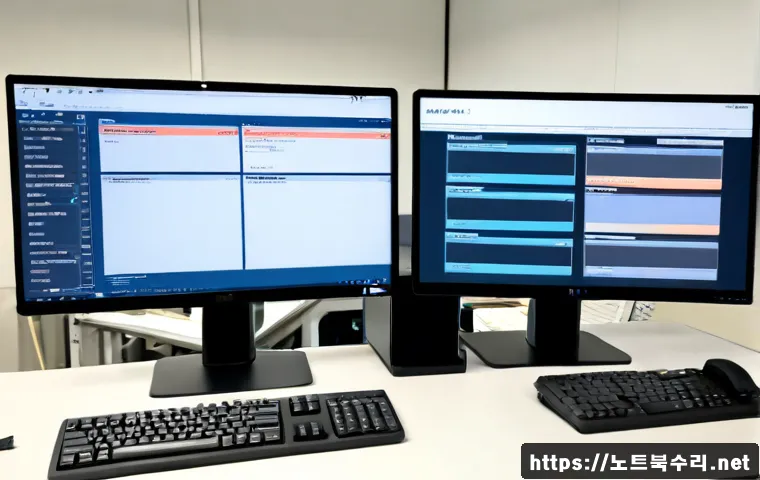안중읍 MULTIPLE_IRP_COMPLETE_REQUESTS - Photorealistic technical support workstation in a quiet industrial township office, dual monitors sh...