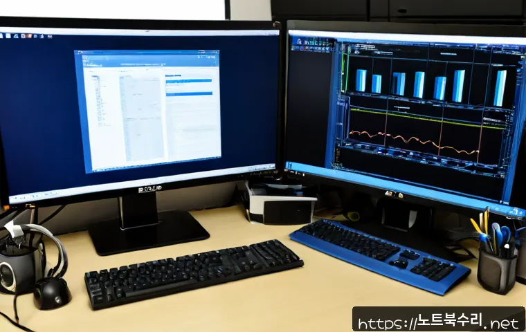 주교동 STATUS_KERNEL_MODULE_NOT_FOUND - Photorealistic IT support workstation in a compact Seoul neighborhood office, dual monitors showing ...