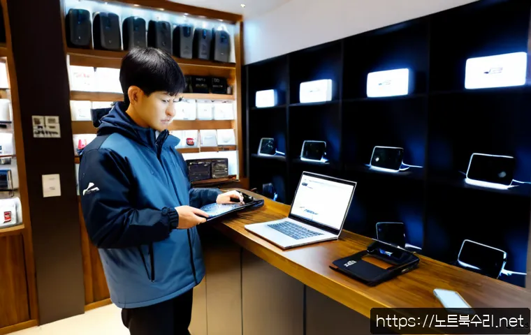 연다산동 맥북에어 판매 및 수리 - Photorealistic compact electronics shop in Yeonda Mountain-dong, a slim silver ultraportable laptop ...