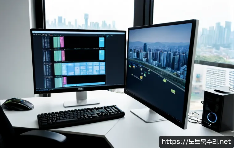 수택동 STATUS_FILE_CORRUPTION - Photorealistic IT support workstation in a modern Korean office, dual monitors showing a clean abstr...