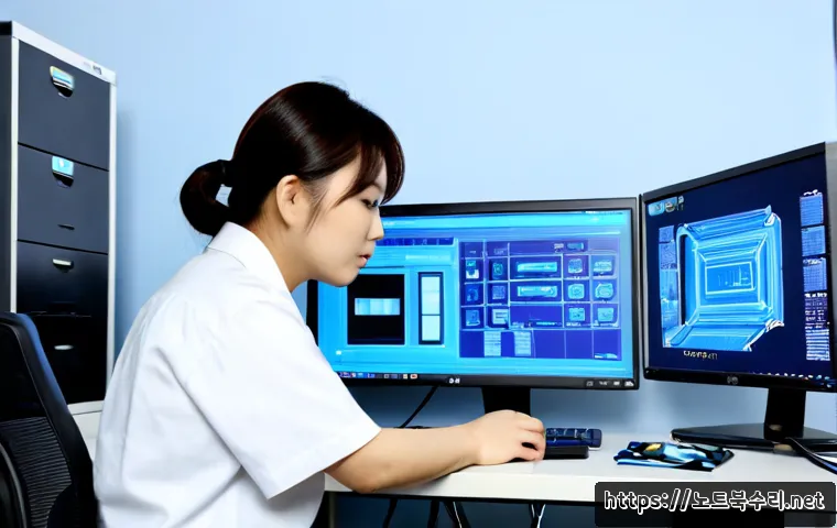 오정동 IRQL_NOT_LESS_OR_EQUAL - Photorealistic IT support workstation in a compact Ojeong-dong industrial office, dual monitors show...