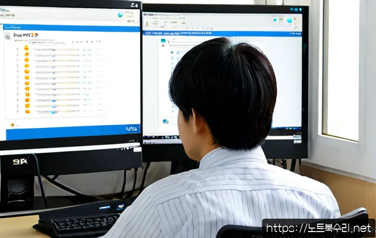 경운동 VENDOR_DEFINED_ERROR - Photorealistic IT support workstation in a compact Jongno-gu office, technician studying a desktop m...
