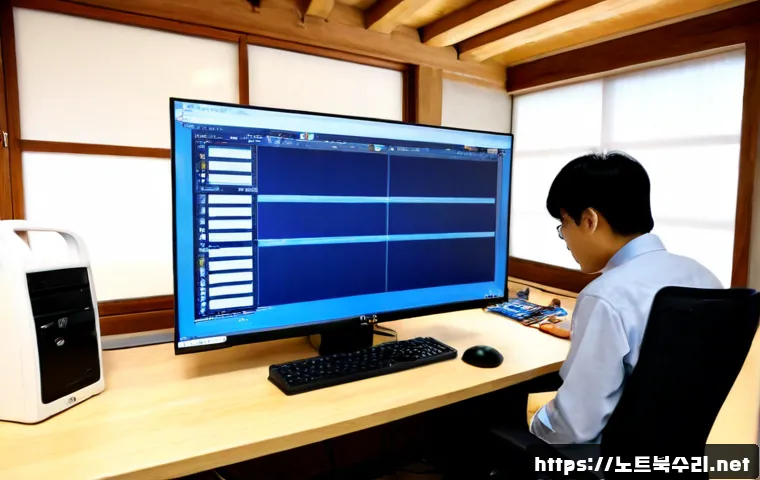 행궁동 블루스크린 - Photorealistic IT support workstation in a compact renovated Hanok-district office, desktop monitor ...