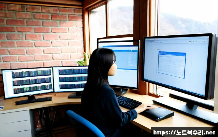 이화동 UDFS_FILE_SYSTEM - Photorealistic IT workstation in a compact hillside studio, dual monitors displaying abstract file s...