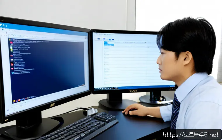 구월동 BAD_SYSTEM_CONFIG_INFO - Photorealistic IT support workstation in a modern Korean office near a residential commercial distri...