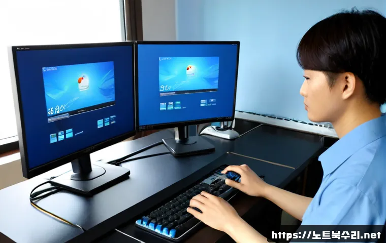 와동 STATUS_KERNEL_DEBUG_FAILURE - Photorealistic IT support workstation in a compact Wadong apartment office, dual monitors showing ab...