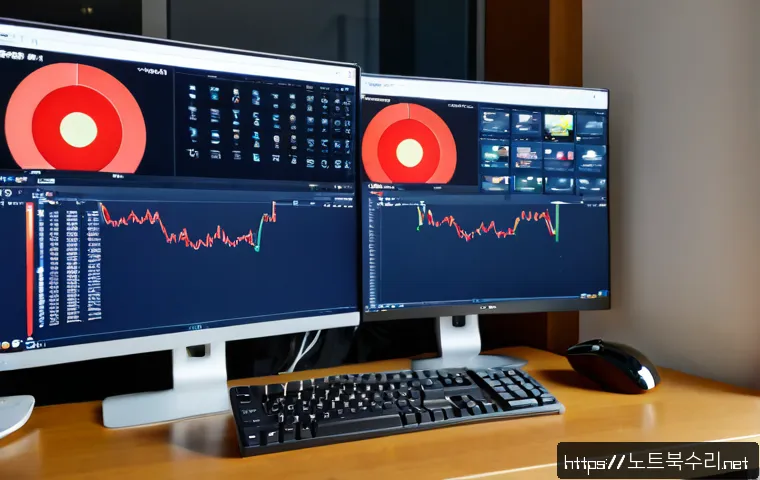 묘동 STATUS_STACK_UNDERFLOW - Photorealistic remote-support workstation in a compact Myo-dong office, dual monitors displaying an ...