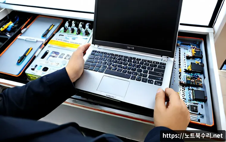 하안동 맥북프로 판매 및 수리 - Photorealistic premium laptop repair workstation in a quiet Ha-an-dong electronics shop, technician ...