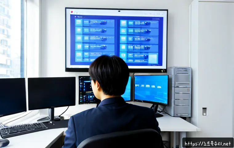 대현동 NDIS_INTERNAL_ERROR - Photorealistic IT support workstation in a compact Daehyeon-dong office, dual monitors showing abstr...