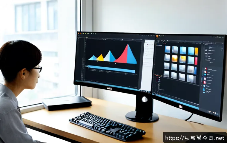 산북동 STATUS_ACCESS_VIOLATION - Photorealistic desktop support workspace in a quiet Sanbuk-dong apartment office, dual monitors show...