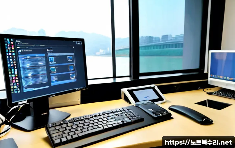 한강로 해킨토시 재설치 포맷  초기화 - Photorealistic IT support workstation in a compact Yongsan-style office near the Han River, a deskto...