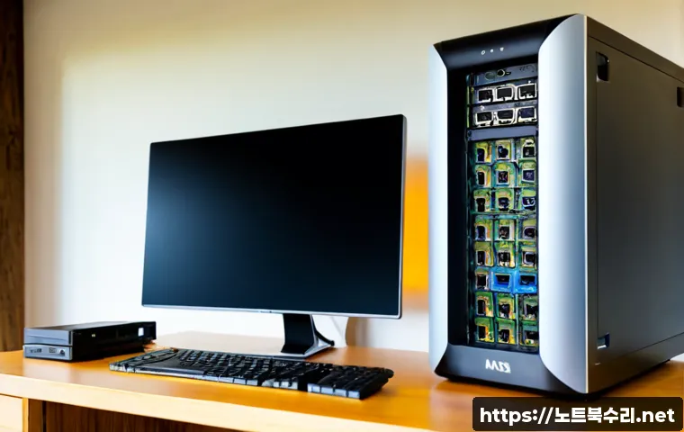 양사면 해놀로지 xpenology 구축 - Photorealistic compact home-office workstation configuring a custom NAS server, open desktop tower w...