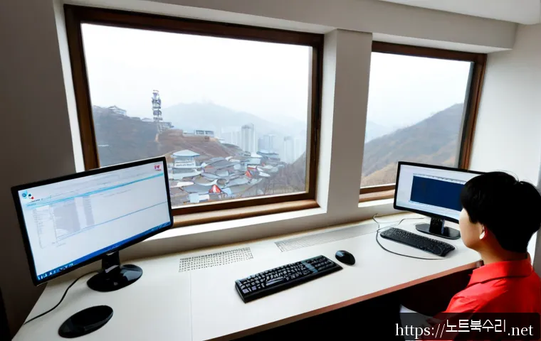 남현동 STATUS_INSTRUCTION_FAILED - Photorealistic remote IT support workstation in a compact hillside apartment office, dual monitors s...