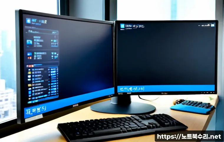 미근동 IO1_INITIALIZATION_FAILED - Photorealistic IT support workstation in a compact Migun-dong office, dual monitors showing a blank ...