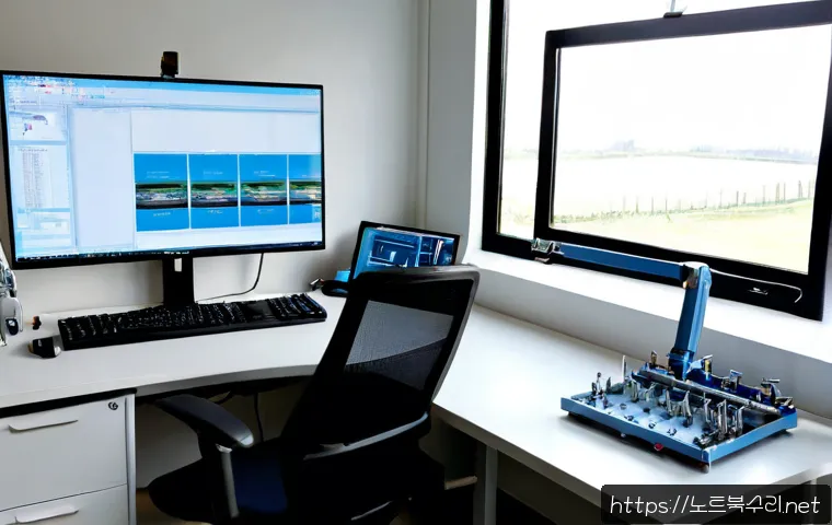 비봉면 THREAD_TERMINATION_PORT - Photorealistic engineering workstation in a quiet semi-rural Korean industrial office, precision thr...