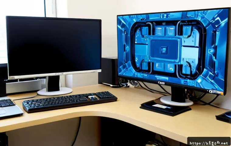 계양동 STATUS_KERNEL_BLOCKED - Photorealistic PC repair workstation in a quiet apartment office, dual monitors showing a non-brande...