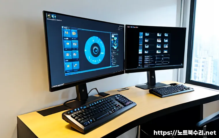 수산동 모니터화면 안나옴 - Photorealistic remote-support workstation in a compact Korean neighborhood office, dual monitors wit...