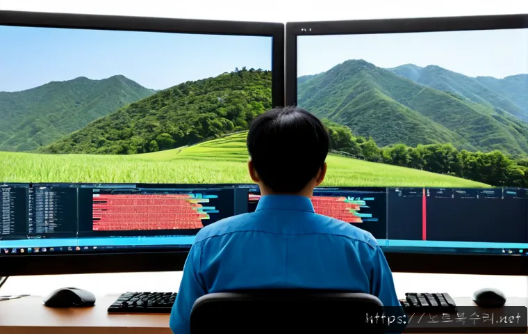 상록구 STATUS_STACK_OVERFLOW - Photorealistic IT support workstation in a modern Ansan office, dual monitors showing abstract stack...