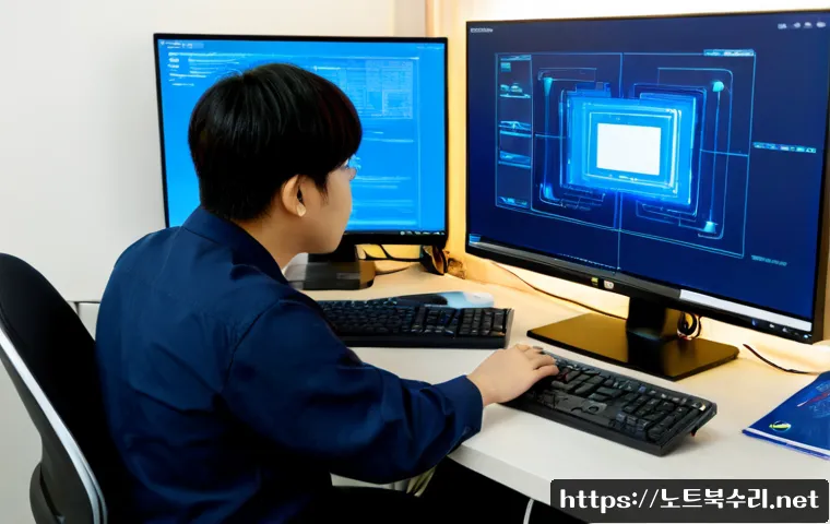 상계동 STATUS_KERNEL_DEBUG_FAILURE - Photorealistic IT support workstation in a compact Sanggye-dong apartment office, dual monitors show...
