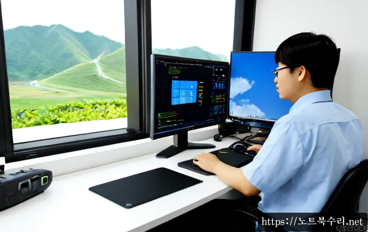 양산동 STATUS_INSUFFICIENT_RESOURCES - Photorealistic IT support workstation in a compact Yangsan-dong style office, dual monitors showing ...
