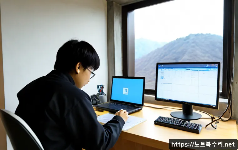 이화동 SESSION5_INITIALIZATION_FAILED - Photorealistic remote-support workstation in a compact hillside studio near Ihwa-dong, technician st...