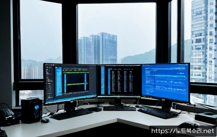 갈매동 DRIVER_IRQL_NOT_LESS_OR_EQUAL - Photorealistic IT support workstation in Galmae-dong, dual monitors showing a clean text-free blue s...