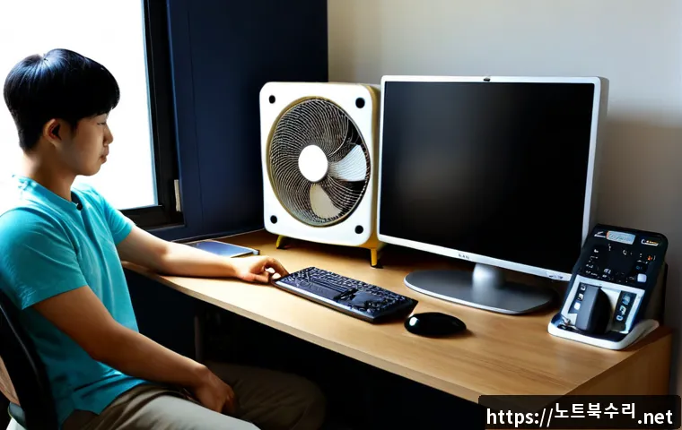 분당동 팬돌다 멈춤 - Photorealistic home-office workstation in Bundang-dong, a compact desktop fan suddenly stopped besid...