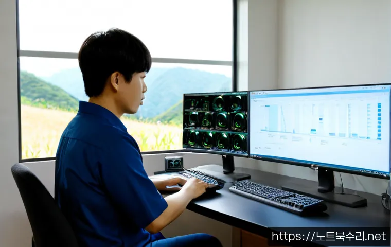 송산면 STATUS_KERNEL_MODULE_CORRUPTION - Photorealistic IT support workstation in a quiet rural Korean office near low green hills, dual moni...