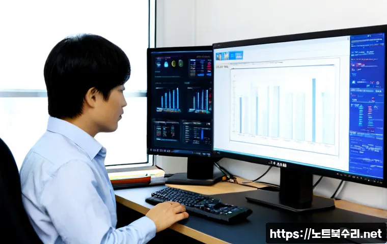 마산동 DPC_WATCHDOG_VIOLATION - Photorealistic IT support workstation in a compact Masan-dong office, dual monitors showing a blank ...