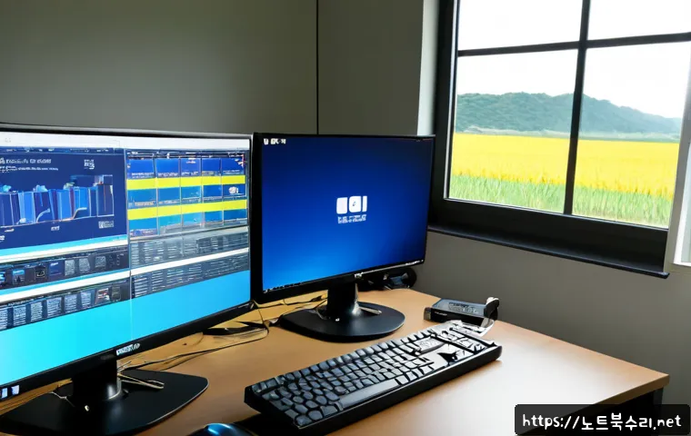 죽산면 KERNEL_MODE_HEAP_CORRUPTION - Photorealistic IT support workstation in a compact rural Korean office, dual monitors showing abstra...