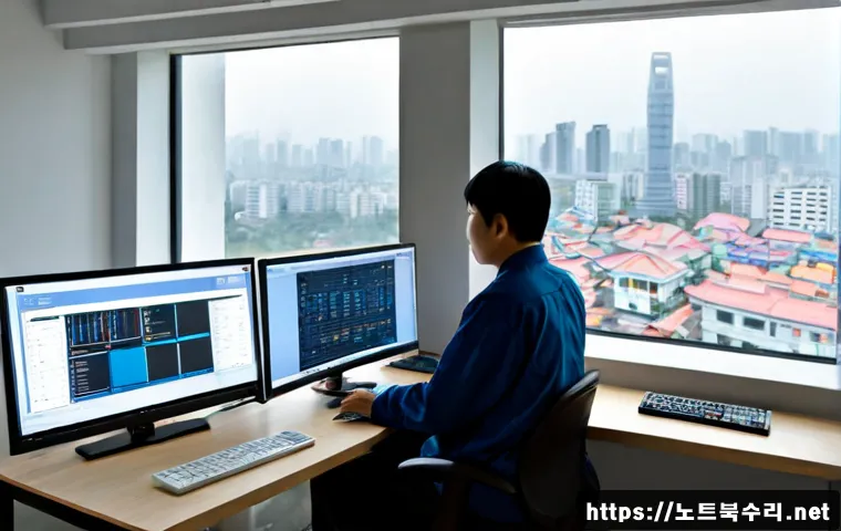 향동동 STATUS_INSUFFICIENT_RESOURCES - Photorealistic remote-support workstation in a modern Hangdong apartment study, dual monitors showin...