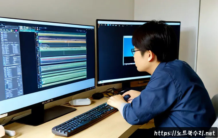 명일동 STATUS_NO_MEMORY - Photorealistic remote-support workstation in a quiet Myeongil-dong apartment office, dual monitors s...