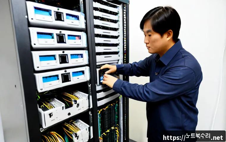 당하동 서버출장방문수리점 - Photorealistic on-site server repair in a compact Dongha-dong office, technician inspecting a quiet ...
