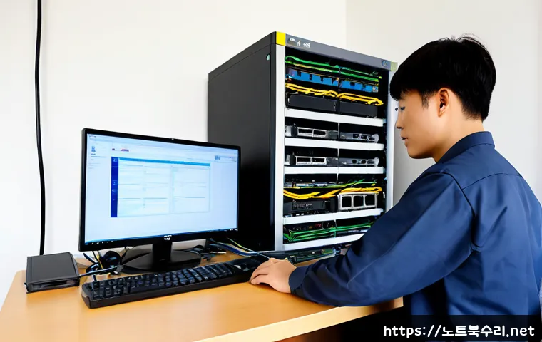 벽제동 ftp서버출장방문수리점 - Photorealistic onsite FTP server repair in a compact suburban office near low wooded hills, technici...